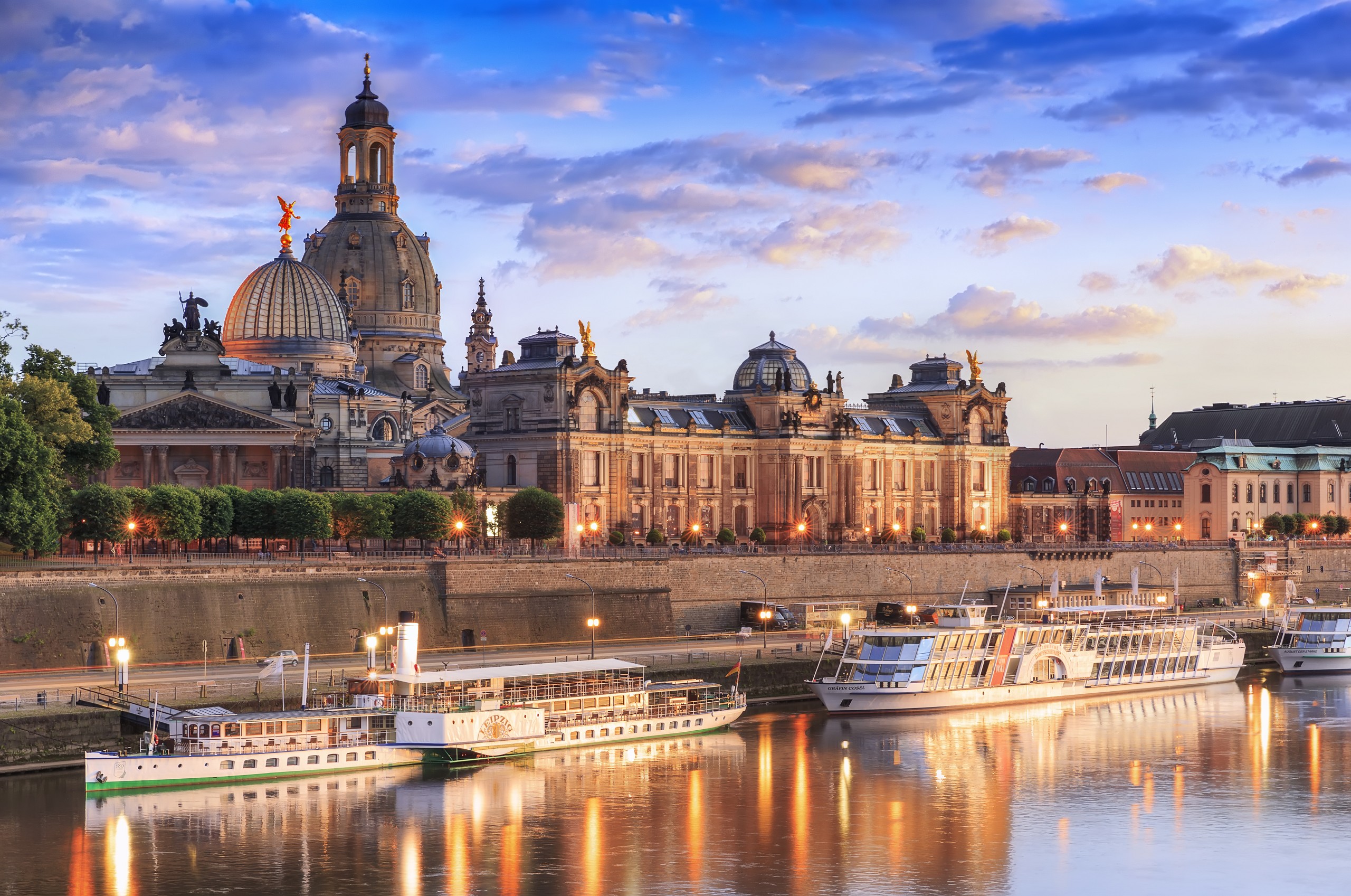 View of the Dresden Skyline with steam boats