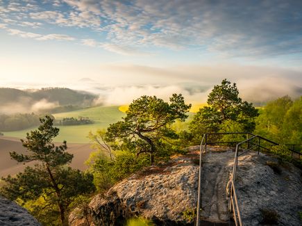 View of a rock in Saxon Switzerland in the midst of trees, a valley and clouds