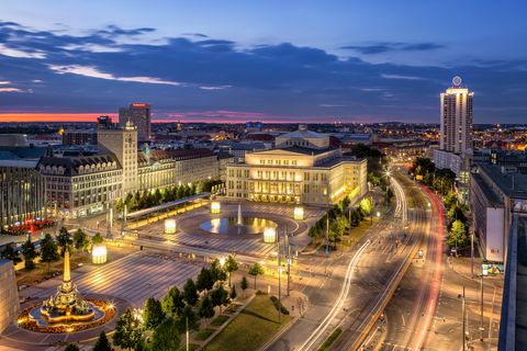 View of the city of Leipzig at night with the Gewandhaus concert hall
