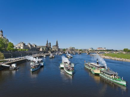 View of the Elbe in Dresden with paddle steamers taking part in the annual paddle steamer parade on the river