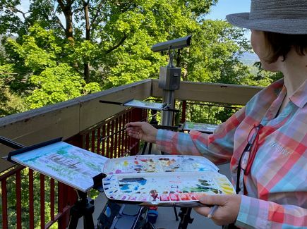 A woman is painting the landscape