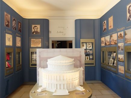 Exhibition rooms of the Richard Wagner Sites in Pirna. In the middle of the room is a model of the Semper opera in Dresden, with pictures hanging on the wall and exhibits from the composer's life.
