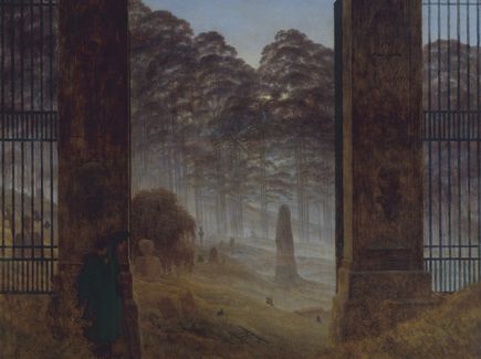 Painted picture of a graveyard with a tall gate by Caspar David Friedrich