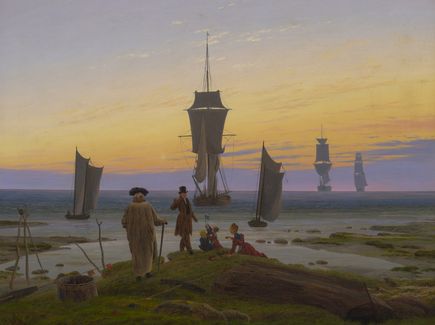 Painting of people looking at sailboats from the shore by Caspar David Friedrich