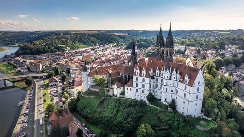 View of Albrechtsburg castle on a hill over the city of Meissen